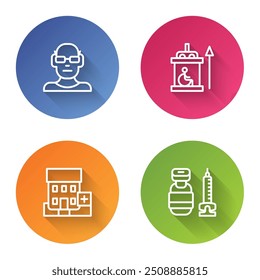 Set line Poor eyesight, Elevator for disabled, Medical hospital building and Syringe. Color circle button. Vector