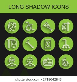 Mala vista, cabeza de sordos y mudos, audífono, insignia de Identificación, silla de ruedas para mujer, bastón de bastón para caminar y baño separado para ícono de discapacidad. Vector