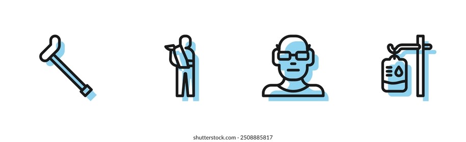 Set line Poor eyesight, Walking stick cane, Human broken arm and IV bag icon. Vector