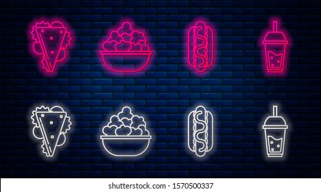 Set line Popcorn in bowl, Hotdog sandwich with mustard, Sandwich and Glass of lemonade with drinking straw. Glowing neon icon on brick wall. Vector