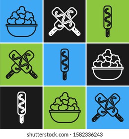 Set line Popcorn in bowl, Ice cream and Ice cream icon. Vector