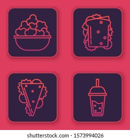 Set line Popcorn in bowl, Sandwich, Sandwich and Glass of lemonade with drinking straw. Blue square button. Vector