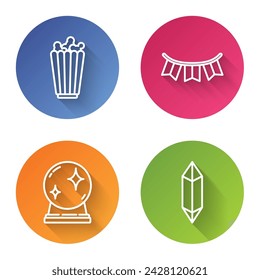 Set line Palomitas de maíz en caja, guirnalda de carnaval con banderas, bola mágica y piedra mágica. Botón de círculo de color. Vector