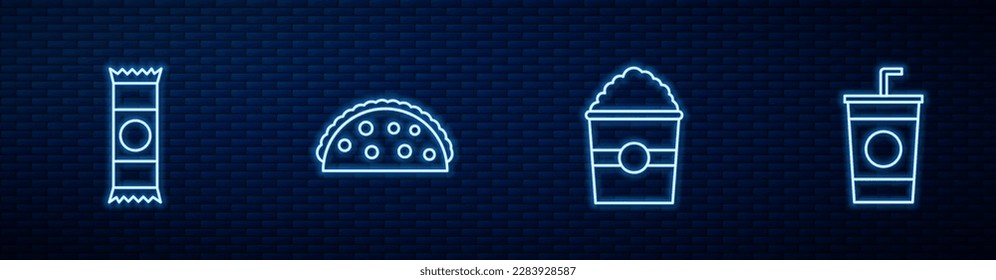 Set line Popcorn in box, Chocolate bar, Taco with tortilla and Paper glass straw. Glowing neon icon on brick wall. Vector