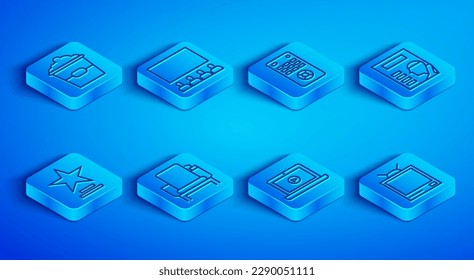 Set line Popcorn in box, Cinema auditorium with screen, Remote control, chair, Online play video, poster, Movie trophy and Retro tv icon. Vector