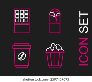 Set line Popcorn in box, Coffee cup to go, Doner kebab and Chocolate bar icon. Vector