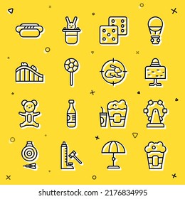 Set line Popcorn in box, Ferris wheel, Magic ball on table, Game dice, Lollipop, Roller coaster, Hotdog and Hunt rabbit with crosshairs icon. Vector