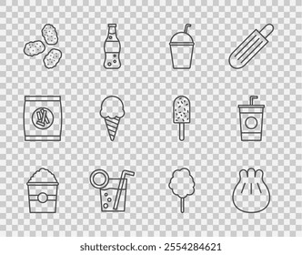 Set line Popcorn in box, Khinkali on cutting board, Milkshake, Cocktail, Chicken nuggets, Ice cream waffle cone, Cotton candy and Paper glass with straw icon. Vector