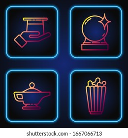 Set line Popcorn in box, Magic lamp or Aladdin, Magician hat in hand and Magic ball. Gradient color icons. Vector