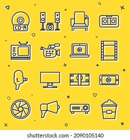 Set line Popcorn in box, Online play video, Play Video, Cinema chair, camera, Retro tv, CD DVD disk and  icon. Vector