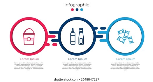Set line Popcorn in box, Sauce bottle and Candy. Business infographic template. Vector