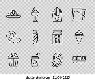 Set line Popcorn in box, Sushi on cutting board, Potatoes french fries, Paper glass with straw, Asian noodles bowl, Candy, Steak meat and Ice cream waffle cone icon. Vector