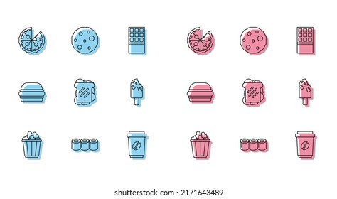 Set Line Popcorn In Box, Sushi, Pizza, Coffee Cup To Go, Sandwich, Ice Cream, Burger And Cookie Biscuit Icon. Vector