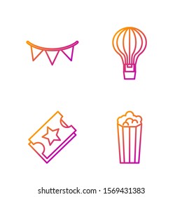 Set line Popcorn in cardboard box, Ticket, Carnival garland with flags and Hot air balloon. Gradient color icons. Vector