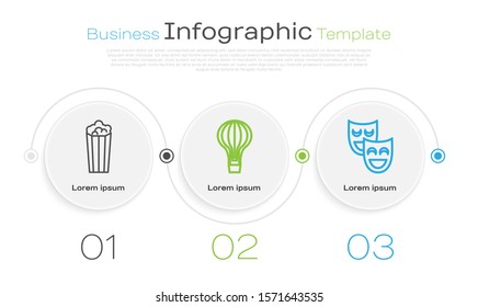 Set line Popcorn in cardboard box, Hot air balloon and Comedy theatrical masks. Business infographic template. Vector