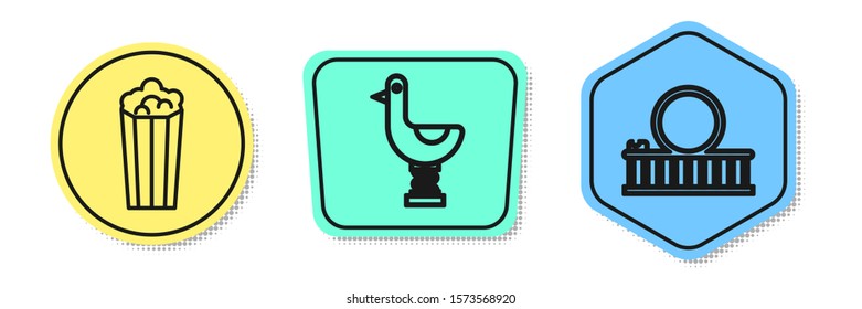 Set line Popcorn in cardboard box, Riding kid duck and Roller coaster. Colored shapes. Vector
