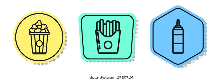 Set line Popcorn in cardboard box, Potatoes french fries in carton package box and Sauce bottle. Colored shapes. Vector