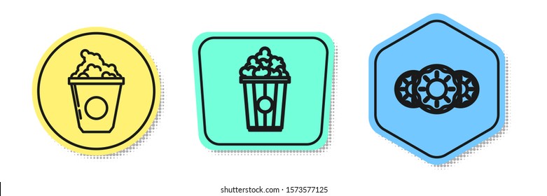 Set line Popcorn in cardboard box, Popcorn in cardboard box and Donut with sweet glaze. Colored shapes. Vector