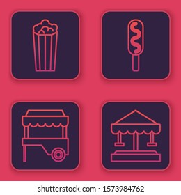 Set line Popcorn in cardboard box, Fast street food cart with awning, Corn dog and Attraction carousel. Blue square button. Vector