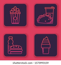 Set line Popcorn in cardboard box, Bottle of water and burger, Paper glass and taco with tortilla and Ice cream in waffle cone. Blue square button. Vector