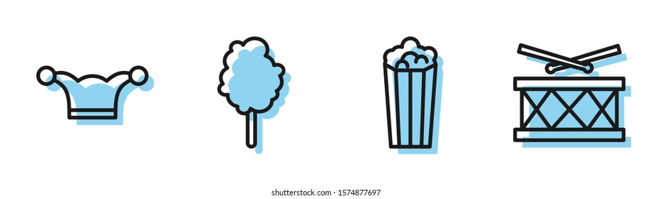 Set line Popcorn in cardboard box, Jester hat with bells, Cotton candy and Drum with drum sticks icon. Vector