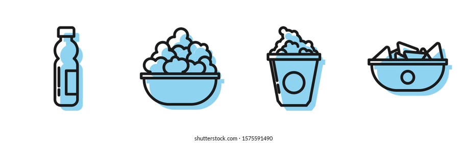 Set line Popcorn in cardboard box, Bottle of water, Popcorn in bowl and Nachos in plate icon. Vector