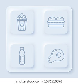 Set line Popcorn in cardboard box, Sandwich, Bottle of water and Scrambled eggs. White square button. Vector