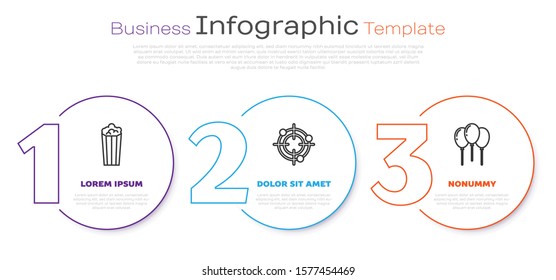 Set line Popcorn in cardboard box, Target sport for shooting competition and Balloons with ribbon. Business infographic template. Vector