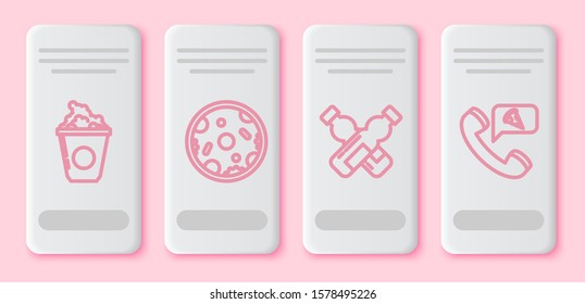 Set line Popcorn in cardboard box, Pizza, Crossed bottle of water and Food ordering pizza. White rectangle button. Vector