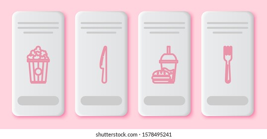 Set line Popcorn in cardboard box, Knife, Paper glass with drinking straw and burger and Fork. White rectangle button. Vector