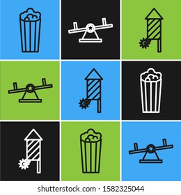 Set line Popcorn in cardboard box, Firework rocket and Seesaw icon. Vector