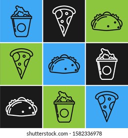 Set line Popcorn in cardboard box, Taco with tortilla and Slice of pizza icon. Vector