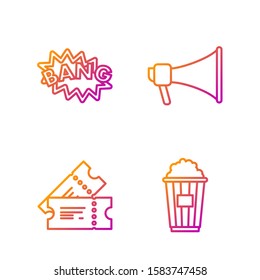Set line Popcorn in cardboard box , Cinema ticket , Bang boom text speech bubble balloon  and Megaphone . Gradient color icons. Vector