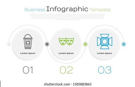 Set line Popcorn in cardboard box , Comedy and tragedy theatrical masks  and Movie spotlight . Business infographic template. Vector