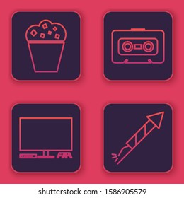 Set line Popcorn in cardboard box , Video game console , Retro audio cassette tape  and Firework rocket . Blue square button. Vector