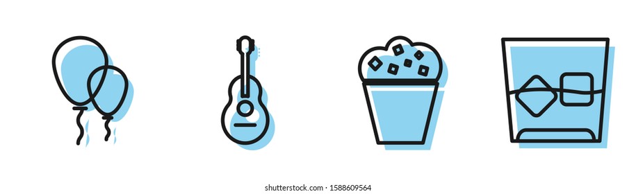 Set line Popcorn in cardboard box , Balloons with ribbon , Guitar  and Glass of whiskey and ice cubes  icon. Vector