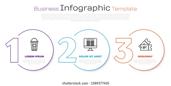 Set line Popcorn in cardboard box , Buy cinema ticket online  and Cinema ticket . Business infographic template. Vector