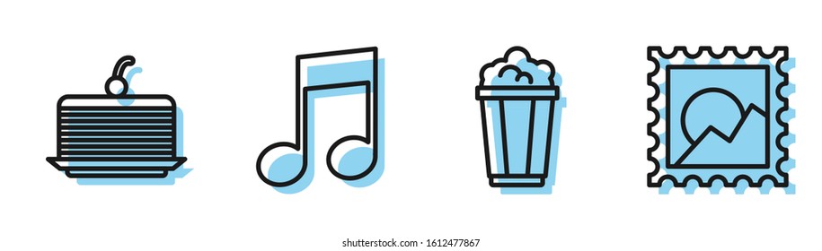 Set line Popcorn in cardboard box, Cake, Music note, tone and Picture landscape icon. Vector