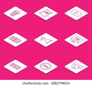 Set line Popcorn in cardboard box, Scenario, Play, Video, Megaphone, Computer PC monitor with HD video technology, VHS cassette tape and Under 18 years icon. Vector