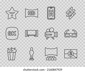 Set line Popcorn in cardboard box, Old film movie countdown frame, Buy cinema ticket online, Movie trophy, Walk of fame star, Smart Tv, Cinema auditorium with screen and 3D glasses icon. Vector