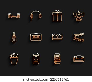 Set line Popcorn in cardboard box, Beer can, Home stereo with two speakers, Karaoke, Sofa, Retro audio cassette tape, Carnival garland flags and Crown icon. Vector