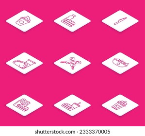 Set line Popcorn in cardboard box, Bottle of water and burger, Knife, Paper glass taco with tortilla, Ice cream, Nachos plate, Burger french fries carton package and drinking straw icon. Vector