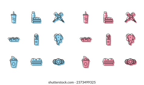 Set line Popcorn in cardboard box, Sandwich, Paper glass with drinking straw water, Donut sweet glaze, Doner kebab, Hotdog sandwich mustard and Bottle of burger icon. Vector