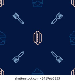 Ajuste la línea Popcorn en caja de cartón, Fork y Hotdog en un patrón ininterrumpido. Vector