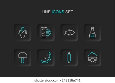 Set line Popcorn in cardboard box, Rolling pin, Watermelon, Mushroom, Sauce bottle, Fish, Food ordering mobile and Corn icon. Vector