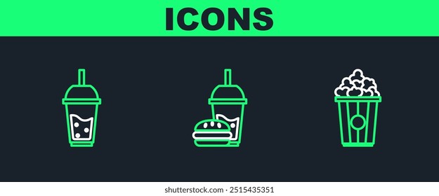 Set line Popcorn in cardboard box, Glass of lemonade with drinking straw and Paper glass and burger icon. Vector