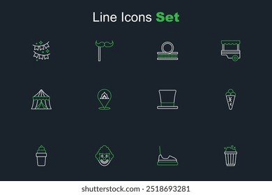 Set line Popcorn in cardboard box, Bumper, Clown head, Ice cream waffle, Cylinder hat, Circus tent and  icon. Vector