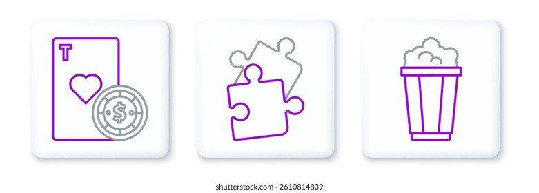 Set line Popcorn in cardboard box, Casino chip and playing cards and Piece of puzzle icon. Vector