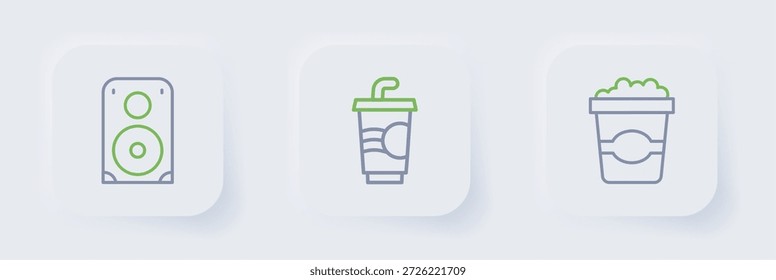 Conjunto de palomitas de maíz en caja de cartón, vidrio de papel con agua e icono de altavoz estéreo. Vector