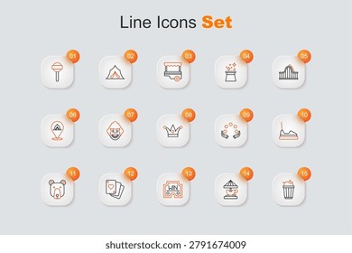 Set line Popcorn in cardboard box, Attraction carousel, Casino win, Playing cards, Bear head, Bumper, Juggling ball and Jester hat with bells icon. Vector